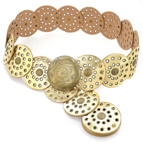 Wide Disc Belt for Women Vintage Leather Hollow Out Round Belt Western Waist Belt - color: Copper Gold, size: M (47.2 in)
