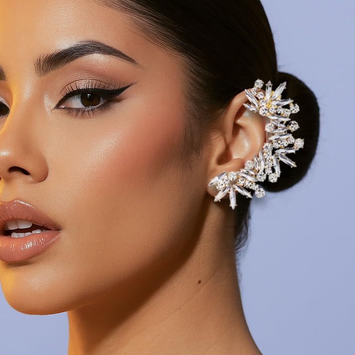 Rhinestone Silver Full Ear Cuff Earrings for Women Ear Clip Wrap Statement Climber Crawler Earrings for Women Hypoallergenic Silver Wedding Jewelry Gifts - color: Gold Left