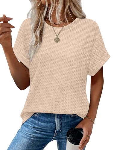 Sampeel Summer Tops for Women 2026 Trendy Rolled Short Sleeve Shirts Waffle Knit Crew Neck Tops Curved Hem Fashion Clothing - color: Beige, size: Small