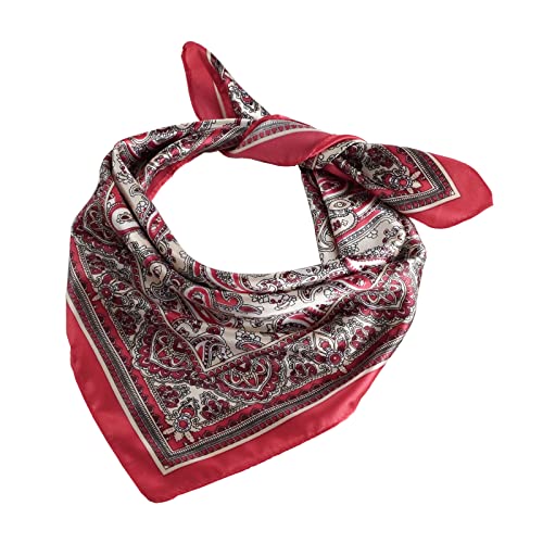 QBSM Womens 23.6 inch Satin Silk Feeling Formal Square Neck Scarf Head Hair Wraps Kerchief - color: Cashew Flowers-red