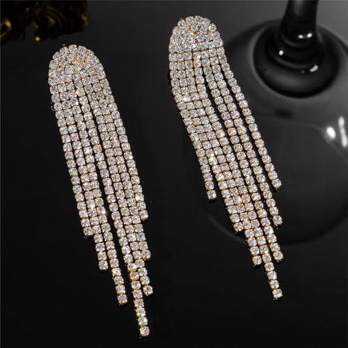 Rhinestone Tassel Earrings Sparkly Long Fringe Crystal Chandelier Dangle Drop Earrings Wedding Party Prom Earrings Premium Iridescent Earrings Wedding Party Jewelry Gifts for Women - color: Gold
