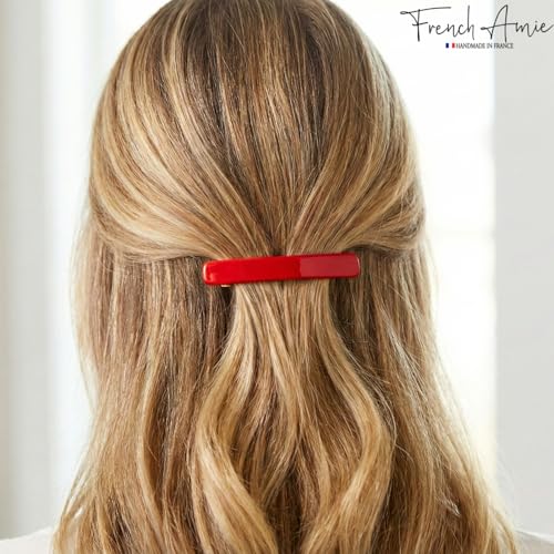 French Amie Rectangular Handmade Small Hair Barrette 2 1/4 Inch with Metal Clasp, Cellulose Acetate Hair Clip Grip for Women & Girls, Strong Hold for Fine Hair, Bangs, and Half-Up Styling (Red) - color: Red