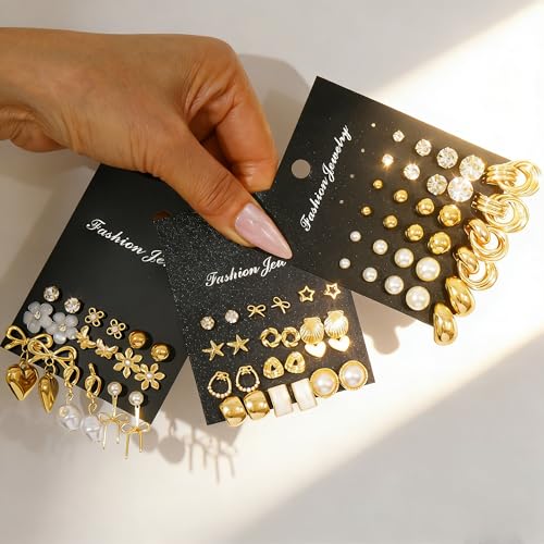 75 Pairs Gold Stud Earrings Set for Women, Trendy Hypoallergenic Pearl Cubic Zirconia Multiple Piercings Earrings Packs, Stud Hoops Earrings for Gift Jewelry - color: gold stud