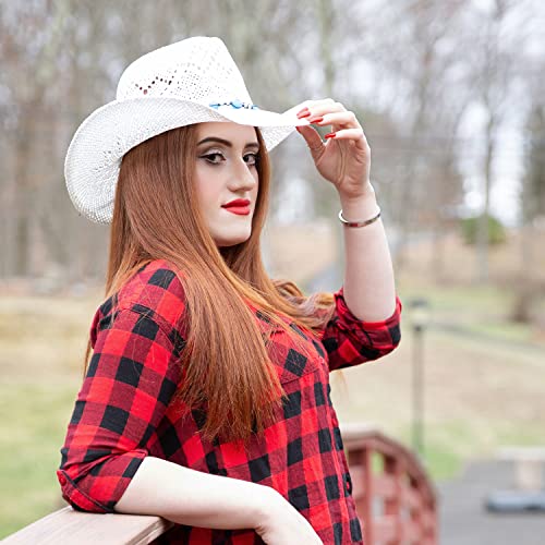 TOVOSO Western Cowgirl Hat, Straw Cowboy Hat for Women with Shapeable Brim, Beaded Hearts Trim, Shapeable Cowboy Hat - color: White Blue