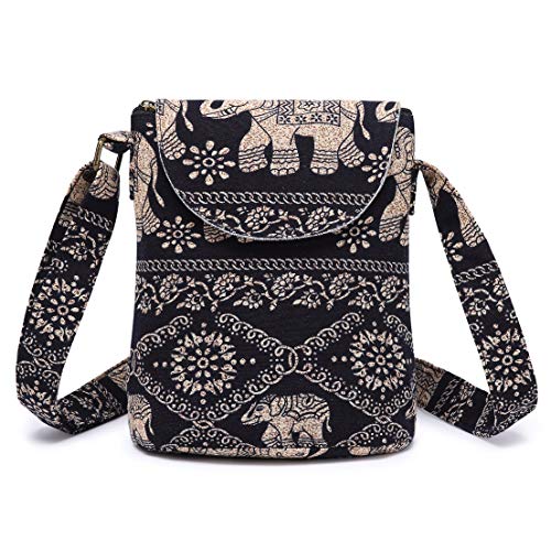 OPQRSTU Women's Retro Small Size Canvas Shoulder Bag Hippie Boho Crossbody Handbag - color: Black
