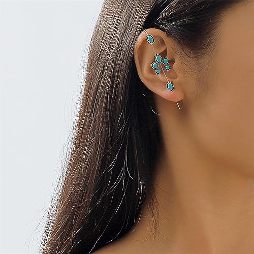Turquoise Ear Wrap Crawler Hook Stud Earrings for Women Girls Silver Plated Blue Birthstone Flower Long Bar Piercing Ear Cuffs Boho Statement Earrings Bohemian Indian Bollywood Wedding Birthday Christmas Jewelry Gifts - style: U Shaped