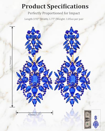 Silver Chandelier Earrings for Women Trendy, Oversized Big Crystal Rhinestone Statement Earrings Dangling Formal Pageant Earings Drag Queen Jewelry - color: royal blue