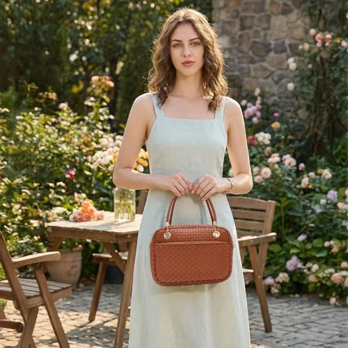 Chic Woven Crossbody Camera Bag, Soft Vegan Leather Purse with Designer Look & Braided Handle - color: Brown