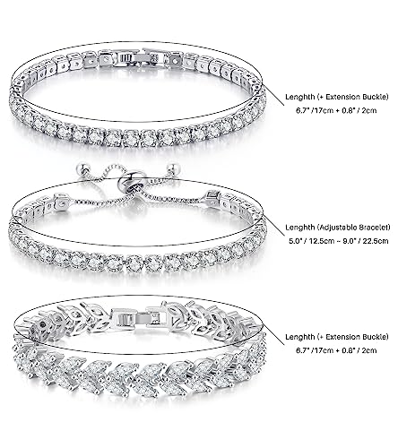 GEMOSA 3 Pcs Tennis Bracelet Set 14K Gold Plated Marquise Cubic Zirconia CZ Diamond Dainty Adjustable Silver Bracelets for Women Brides Stackable Fashion Jewelry Wedding Prom Gift - color: White