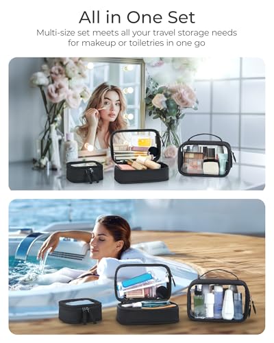 BAGSMART Double Layer Clear Makeup Bag, TSA-Approved Toiletry Bag, Large Opening with Handle, Cute Water-Resistant Travel Cosmetic Bag with Double Zipper for Car Essentials(Black) - color: Black, size: Large