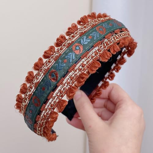 Bohemian Headband for Women-Floral Embroidered Headwrap with Lace Trim Vintage Cute Hair Band for Daily Boho Chic Style (7-Brown, One Size) - color: 7-Brown