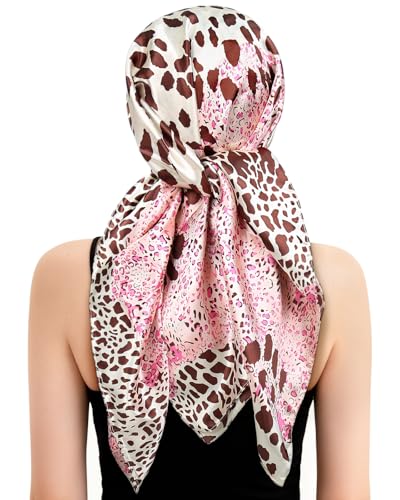 Wrap Cap Hair Net and Scarf for Silk Press, 2 in 1 Satin Satin Scarf with Headband Hair Net - color: Pink Leopard