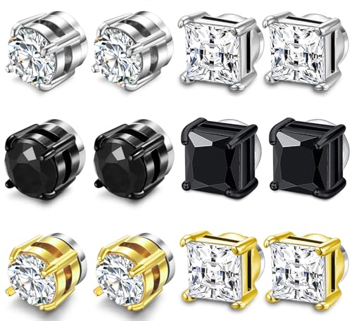 SIISPRI Magnetic Stud Earrings for Women Men Clip on Stud Earring Hypoallergenic Fake Earring Unisex Non Piercing CZ Halo Studs Diamond Earrings,Men's Aretes de lman - color: Black Gold Silver (Round CZ Square CZ)