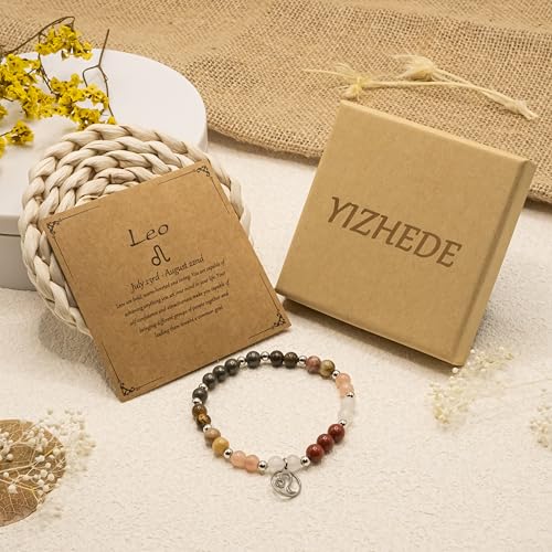 Zodiac Natural Stone Bracelet – Handmade Crystal Healing Bracelet with Zodiac Charm – Adjustable Beaded Jewelry Gift for Women Men Girls - color: Leo