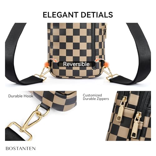 BOSTANTEN Sling Bag Quilted Crossbody Bags for Women Cross Body Purse Leather Fanny Pack with Adjustable Guitar Strap - color: A-checkered Coffee