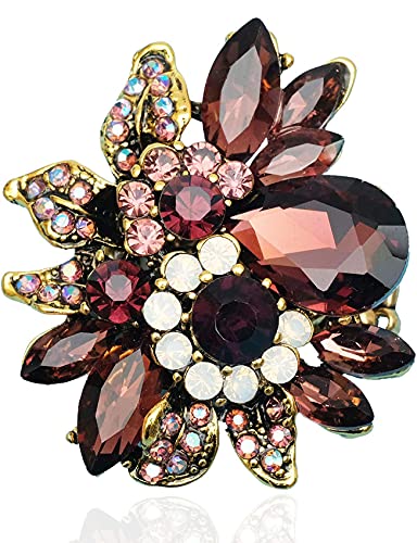 CSY Luxury Women's Austrian Crystal Leaves Flower Big Cocktail Statement Rings Stretch Adjustable Ring Jewelry Accessories - color: Purple