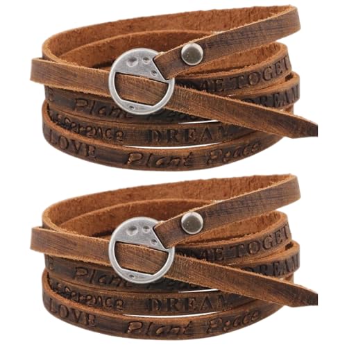 2PCS Cowhide Leather Wrap Bracelets Wristbands Cuff Vintage Adjustable Genuine Leather Boho Layered Bracelet Western Brown Stackable Straps Arm Armor with Alloy Toggle Clasp for Men Women - color: brown