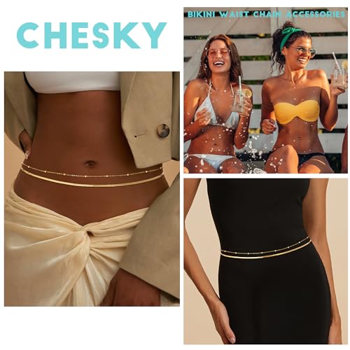 CHESKY 14K Gold Plated Silver Plated Waist Chain for Women, Layered Belly Belt Chains Beach Waist Beads Chain Waterproof Snake Cuban Body Chain Summer Jewelry Accessories for Women - style: snake bead-gd