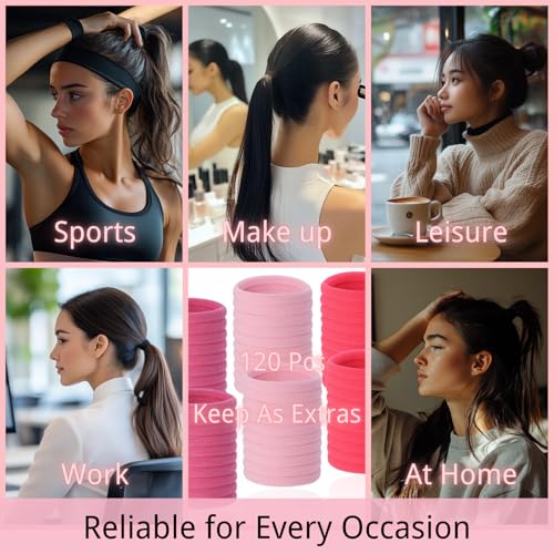 LuSeren 120 Pcs Pink Hair Ties for Women, No Damage Soft Seamless Nylon Hair Elastics for Thick Hair, Ponytail Holders, 3 Gradient Pink Hair Accessories - color: Pink