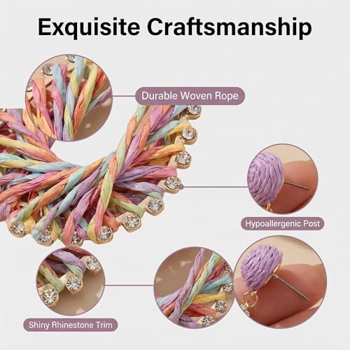 Woven Raffia Rattan Earrings for Women, Boho Flower Hoop & Drop Dangle Earrings Collection, Handmade Summer Beach Vacation Statement Earrings for Party Daily Wear - color: Rainbow Woven Hoop