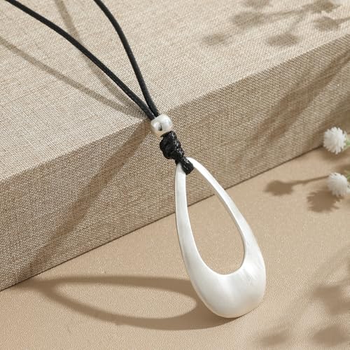 Brushed Gold Plated Classic Teardrop Pendant Long Necklace for Women, Adjustable Length Brown Wax Cord Sweater Chain Fashion Jewelry Gifts - color: Brushed Silver