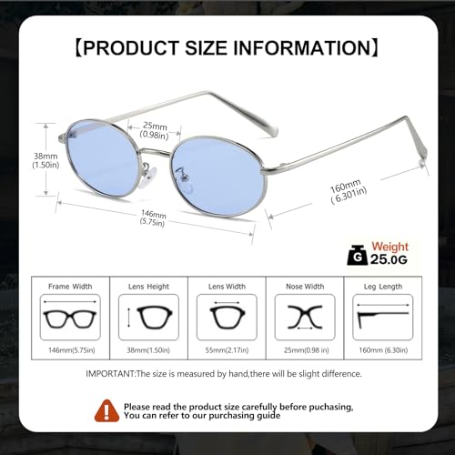Retro Oval Sunglasses for Women Men 90s Trendy Small Round Gold Sun Glasses Fashion Narrow Metal Frame Shades - color: Silver/Blue