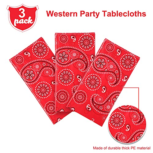Western Party Tablecloth Paisley Table Cover Bandana Plastic Table Cloth Rectangle Floral Tablecloth for Western Cowboy Themed Party Decorations, 108 X 54 Inches (Red, 3 Pack) - color: Red