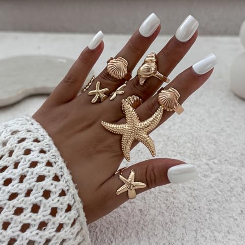 MIFYNN Chunky Gold Starfish Seashel Ring for Women Dainty Conch Pearl Ring Set Boho Ocean Stackable Rings Fashion Adjustable Beach Statement Rings Set Summer Charm Jewelry for Women - color: Gold-7Pcs