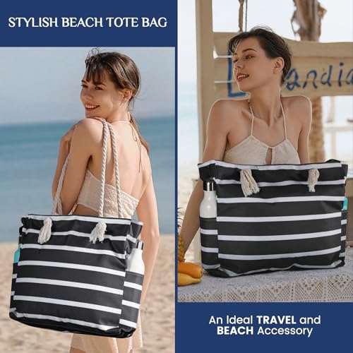 Clothirily Beach Bag for Women - Large Beach Tote Bag, Waterproof Sandproof Beach Bag with Zipper, Large Swim Pool Beach Tote - color: B-black