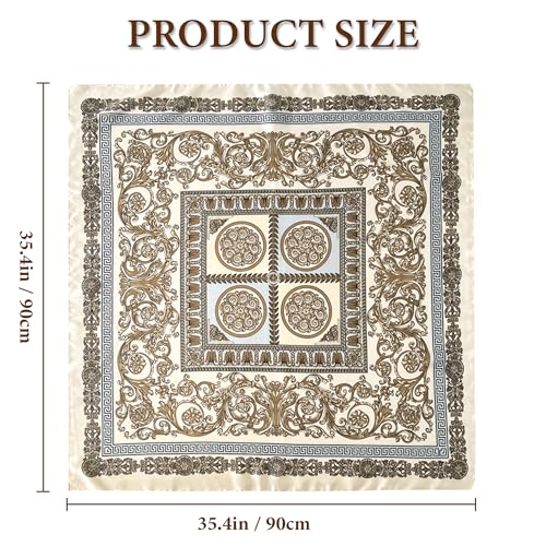 Large Square Head Scarf Bandana - 35" Satin Hair Scarf for Women Like Silk Scarf Fashion Hair Wrapping - color: Filigree Frame(white/Blue), size: 35IN*35IN
