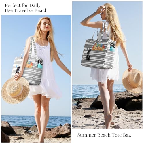 Trifabricy Beach Bags for Women Waterproof Sandproof Women Tote Bag, Large Beach Bag with Zipper for Gym Travel Vocation - color: Grey