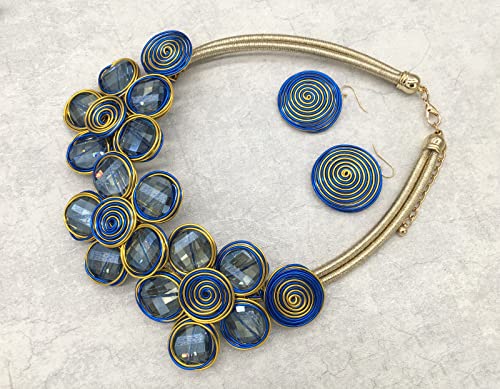 Statement Chunky Flower African Necklace For Women Tribal Fashion Costume Jewelry Earring Sets Unique Big Colorful Rhinestone Crystal Pendent Collar Choker Bib Handmade - color: Bib blue plus gold