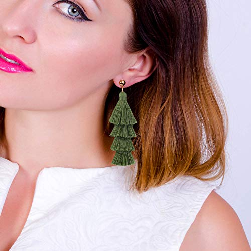 BaubleStar Tassel Earrings Handmade Tiered Thread Tassel Dangle Earrings, Multi Colors - color: Green