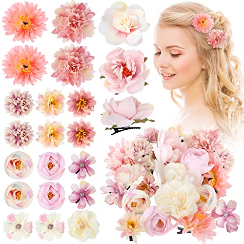 BBTO 21 Pcs Flower Hair Clip Rose Hair Clips Barrettes for Women Flower Accessories Boho Bride Claw Clip Hairpin Brooch Pin Headpiece for Wedding (Pink,White) - color: Pink, White