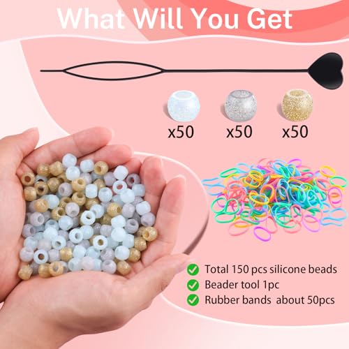 150Pcs 10mm Small Glitter Silicone Beads for Hair Braids, Soft Jellyish Pony Hair Beads with 5mm Hole + 50 Rubber Bands and 1 Beader for Braiding, DIY Bracelets Necklaces Crafts (Gold Silver Mix) - color: Glitter Gold Silver Mix