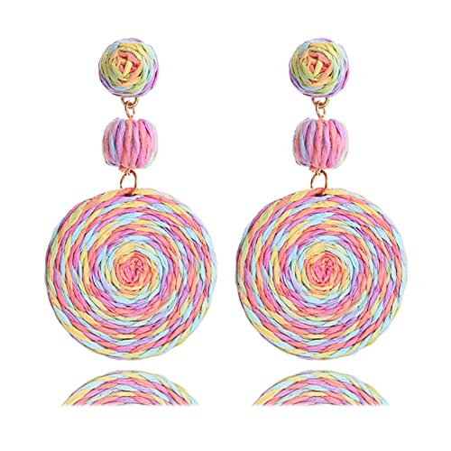 Boho Raffia Ball Earrings for Women, Handmade Statement Drop Earrings Straw Dangle Earrings Beach Vacation Jewelry - color: Colorful