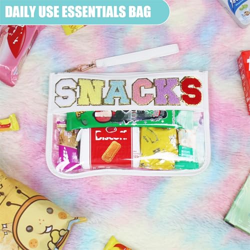 BuyCard Clear White Snack Bag for Travel, Varsity Chenille Letter Patch Flat Cosmetics Pouch with Zipper, Preppy Snacks Makeup Bags, Waterproof PVC&PU Cosmetic Toiletry Bag for Women Girls - color: White-Snacks
