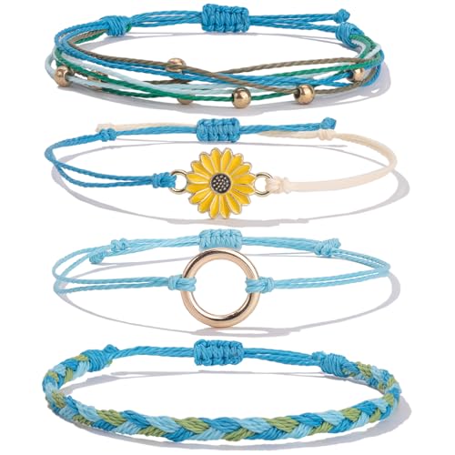 FANCY SHINY Easter Gifts Basket Stuffers Sunflower String Bracelet Boho Braided Rope Wrap Bracelets Cute Summer Beach Surfer Jewelry for Women - color: Blue/Green