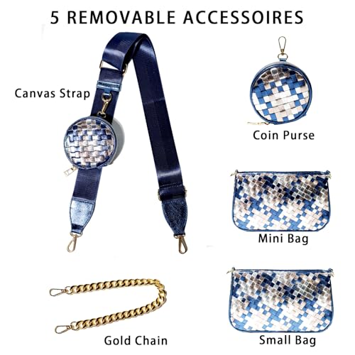 Handmade Woven Small Crossbody Bag for Women with Coin Purse, Designer Shoulder Handbag 3pcs Set, Mini Tote Clutch - color: Blue Multicolor