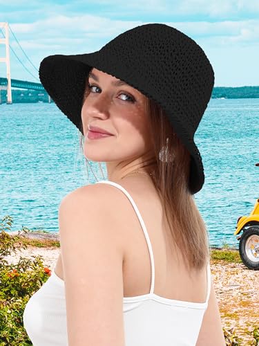 Womens Sun Hat Handmade Crochet Straw Bucket for Summer Foldable Travel Cap - color: Black