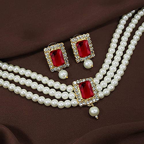 Aheli Ethnic Choker Necklace Earrings Wedding Bollywood Party Jewelry Set Gift for Women - color: Maroon 1