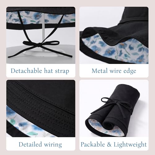Wide Brim Sun Hat for Women Reversible Beach Hats Metal Wired Edge Gardening Hats, UPF 50+ Bucket Summer Hat - color: Black