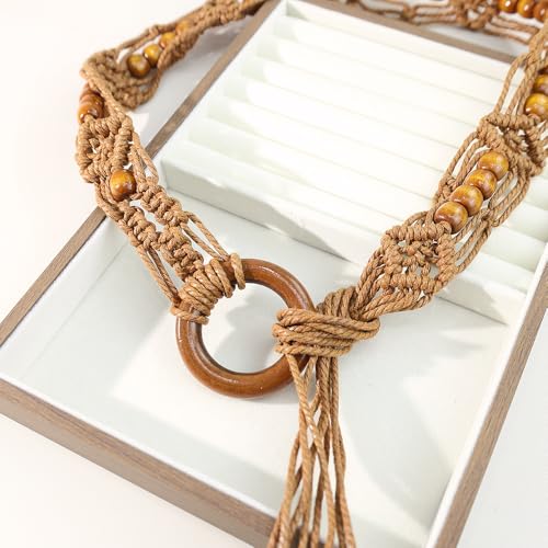 Women Braided Waist Belt Boho Woven Belt with Wooden Beads and Ring Clasp Vintage Long Tassel Rope Tie Belt for Dress - color: Light Brown