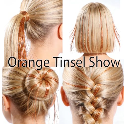 Celinebella Orange Gold Hair Tinsel, 48"1250 Strands Tangerine Shimmer | Vibrant warm orange gold metallic shade, durable lightweight, heat resistant, for festivals concerts & summer parties - color: 13-Gilded Tangerine, size: 48 Inch Pack of 5Pcs