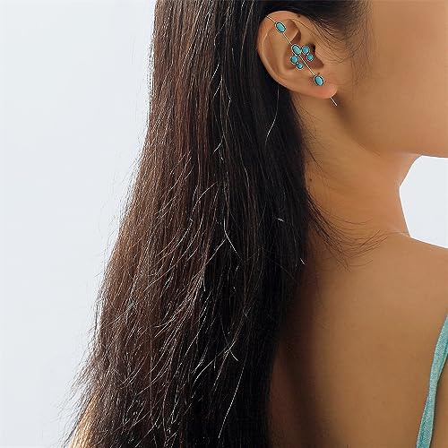Turquoise Ear Wrap Crawler Hook Stud Earrings for Women Girls Silver Plated Blue Birthstone Flower Long Bar Piercing Ear Cuffs Boho Statement Earrings Bohemian Indian Bollywood Wedding Birthday Christmas Jewelry Gifts - style: U Shaped