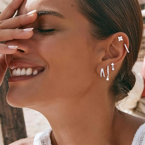 M MOOHAM Flat Back Earring Stacks for Women, Hypoallergenic 14k Real Gold Plated Hoop Stud Cartilage Earrings Stack Set Small Cute Helix Huggie Hoop Drop Earrings Trendy Jewelry Gifts for Women - color: Silver-Plated
