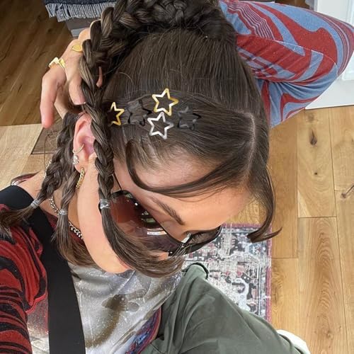 Star Hair Clips 2000s Y2K Snap Hair Barrettes Non Slip Star Hair Accessories Black Gold Silver Metal Hair Clips for Girls Women -15 PCS 1.18" - color: 50 P - 1.18"-black,gold,silver