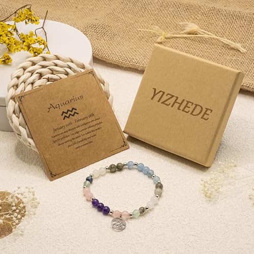 Zodiac Natural Stone Bracelet – Handmade Crystal Healing Bracelet with Zodiac Charm – Adjustable Beaded Jewelry Gift for Women Men Girls - color: Aquarius