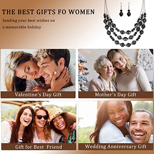 3 Layered Chunky Statement Necklace for Women Beaded Strand Necklaces with Earring Fashion Costumes Collar Necklace Jewelry Sets Gifts for Women - color: Black