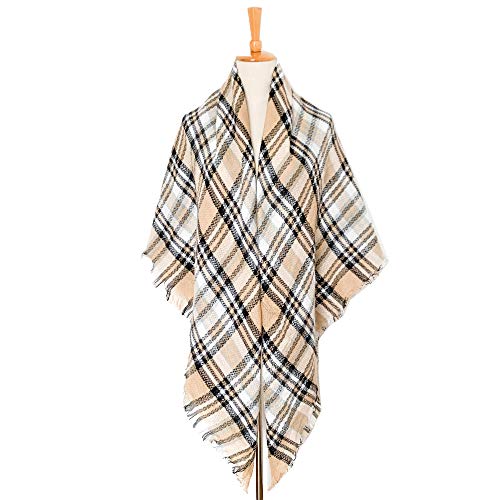 Wander Agio Womens Warm Long Shawl Winter Wraps Large Scarves Knit Cashmere Feel Plaid Triangle Scarf - color: Plaid White Camel 33
